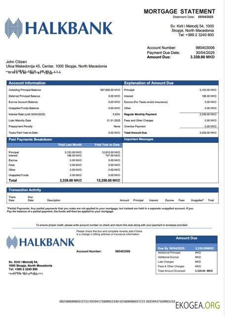 Modèle Word et PDF de relevé hypothécaire Halkbank de Macédoine du Nord